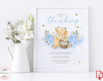Message from the Bump Table Sign in a Classic Winnie the Pooh style | Baby Shower Party, 8x10" Blue Flowers Design | 0001.10