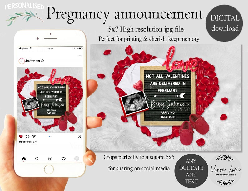 Valentines baby announcement digital for social media Announcing pregnancy on Valentines day