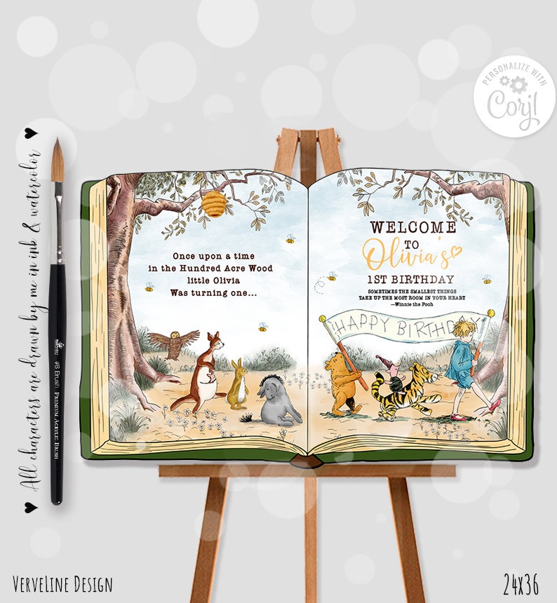 K&ouml;nnte beinhalten: Ein Winnie-the-Pooh-Geburtstagsschild zum 1. Geburtstag mit einer Aquarell-Illustration von Winnie Puuh und seinen Freunden. Das Schild ist wie ein offenes Buch geformt mit dem Text "Willkommen zum 1. Geburtstag von Olivia" und "Manchmal nehmen die kleinsten Dinge den meisten Platz in deinem Herzen ein - Winnie Puuh" auf der rechten Seite. Die linke Seite zeigt eine Aquarell-Illustration von Winnie Puuh und seinen Freunden, die durch den Hundert-Morgen-Wald gehen.