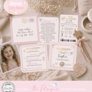 May include: A collection of fairy-themed keepsakes, including notes, a tooth fairy receipt, a certificate, and a photo of a young girl. The items are in shades of pink and white, with floral accents.