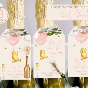 Pop It When She Pops Tag Winnie the Pooh a tema Baby Shower Etichetta per bottiglia modificabile Favore Etichette per bottiglie di vino Champagne 3 dolci design 0001S