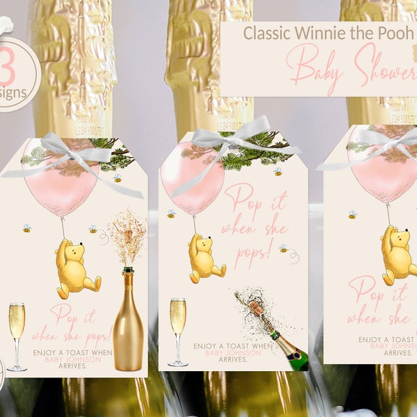 Pop It When She Pops Tags Winnie the Pooh Themed Baby Shower Editable Bottle Label Favor Wine Bottle Champagne Tags 3 sweet designs 0001S