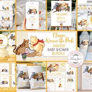 Ensemble modifiable classique pour baby shower sur le thème de Winnie : invitation, décoration de bienvenue, jeux, signes et plus encore ! design hivernal en bois 0001.15