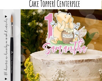 Editable Cake Topper Classic Winnie the Pooh Birthday Girl ANY Age Party Decor Centerpiece, Sublimation PNG, You edit Corjl Template 0001 BG