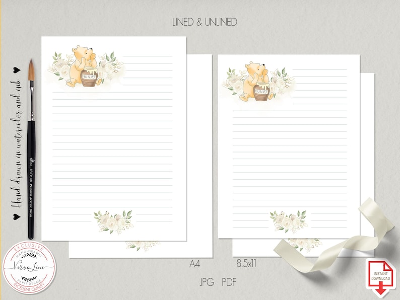 Classic Winnie the Pooh Printable Stationery Lined Unlined Paper ...