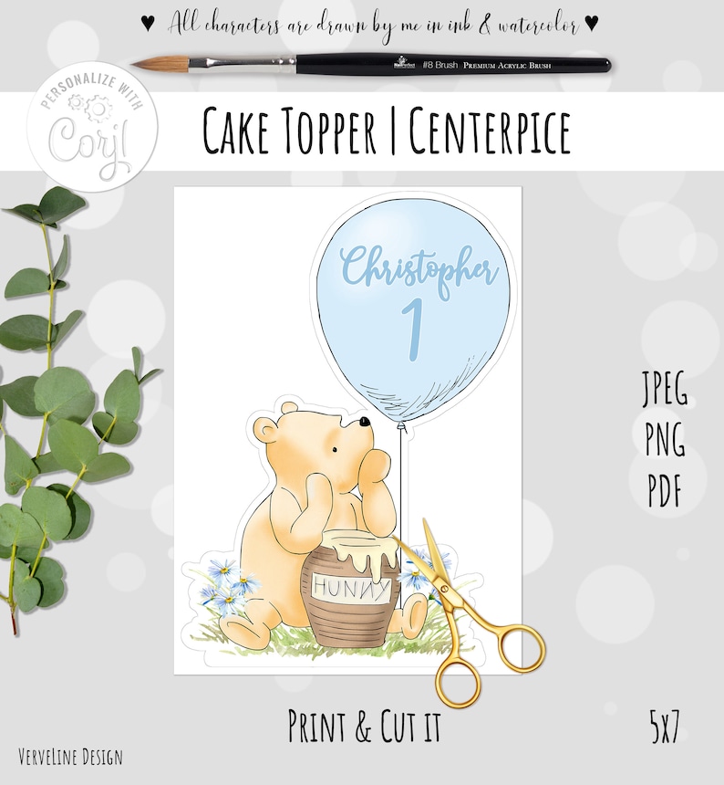 May include: A printable cake topper featuring a cartoon Winnie the Pooh character holding a honey pot. The topper also includes a blue balloon with the name "Christopher" and the number "1" written on it. The topper is designed to be printed and cut out for use as a cake decoration.