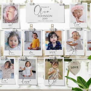 Bannière photo modifiable pour un premier anniversaire, garçon, fille, 12 photos d'étapes mensuelles, 1er anniversaire, ma première année, minimaliste, moderne 0035