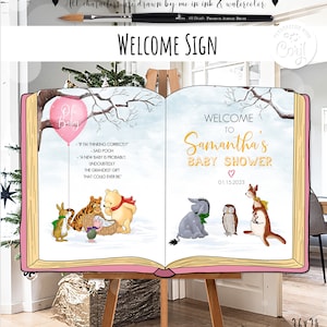 Editable Welcome sign Classic Winnie the Pooh Open Book Winter Baby Shower Girl Winter Hundred Acre Wood Design 36x24 Template#36P 0001.15