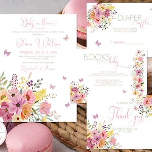 Ensemble modifiable pour baby shower bébé en fleurs : faire-part, carte de remerciement, tombola de couches, carte de demande de livre fleurs sauvages florales 0039