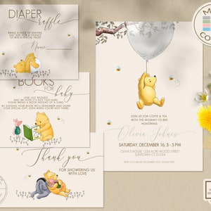 Baby Shower Bundle Set #3 Classico Winnie the Pooh Modificabile: Invito, Biglietto di ringraziamento, Lotteria dei pannolini, Richiesta di libri Corjl 0001S