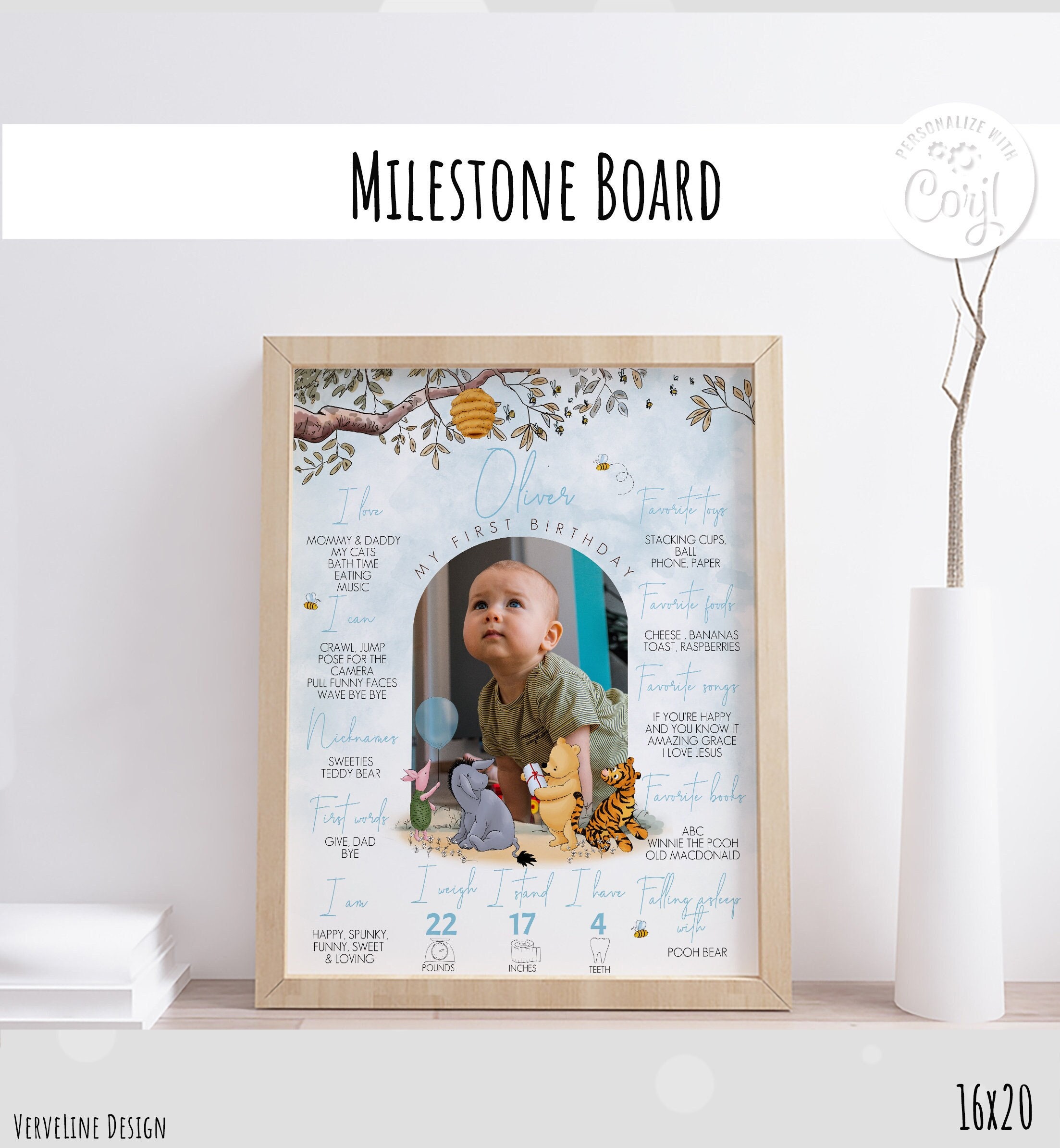 Editable Milestone Board Classic Winnie the Pooh 1st Birthday Boy Party ...