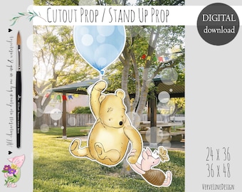 Cutout Decor Baby Shower Birthday Party Classic Vintage Winnie and Piglet with a Blue Balloon Cutout Prop|Stand Up Prop DIGITALDOWNLOAD 0001