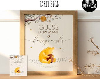 Classic Winnie the Pooh Baby Shower Game Sign Guess how many Honeycombs Party Table Sign #16 with cards Hundred Acre Wood Sweet Design 0001S