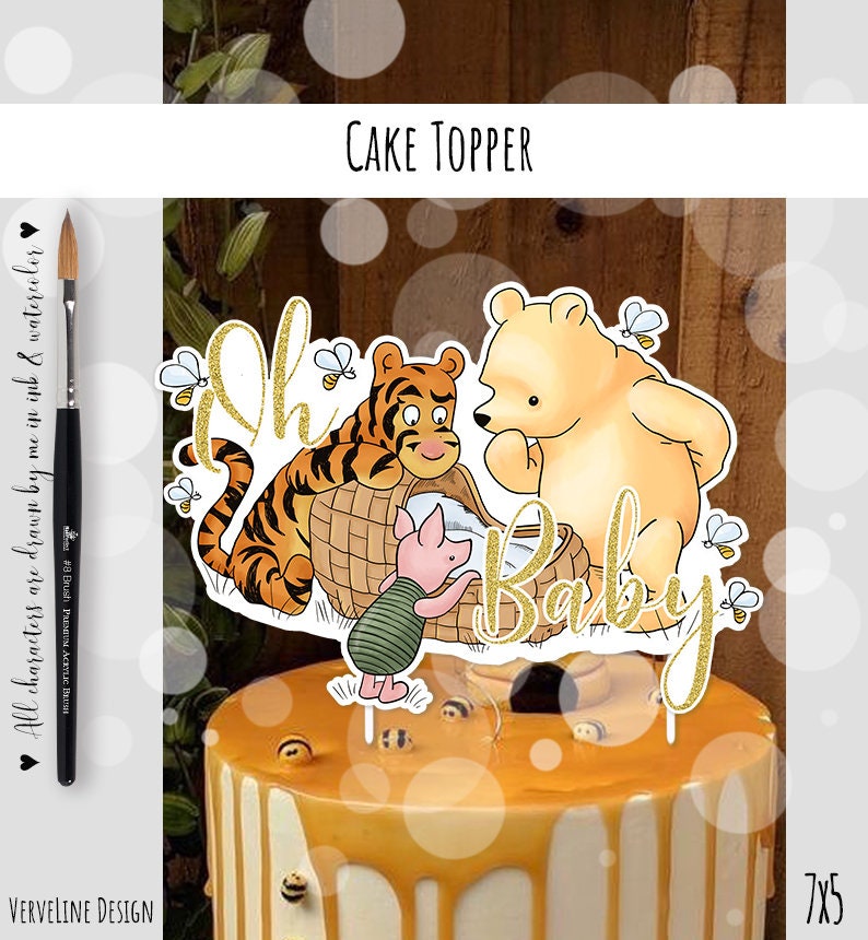 Cake Topper Classic Winnie the Pooh Baby Shower Oh Baby With Piglet in Green  5x7 DIGITAL Download 0001 