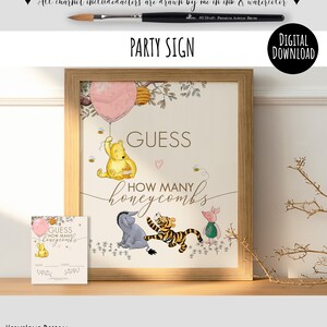 Classic Winnie the Pooh Baby Shower Game Sign Guess how many Honeycombs Party Table Sign with cards Pooh Pink Balloon Sweet Design 0001S