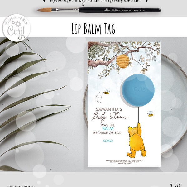 Editable Thank You Tags for EOS Lip Balm (Blue) for Winnie Themed Baby Shower 0001