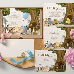 Conjunto de baby shower editable clásico de Winnie the Pooh para revelación de género: niño o niña, él o ella: invitación y varias tarjetas 0001 W2
