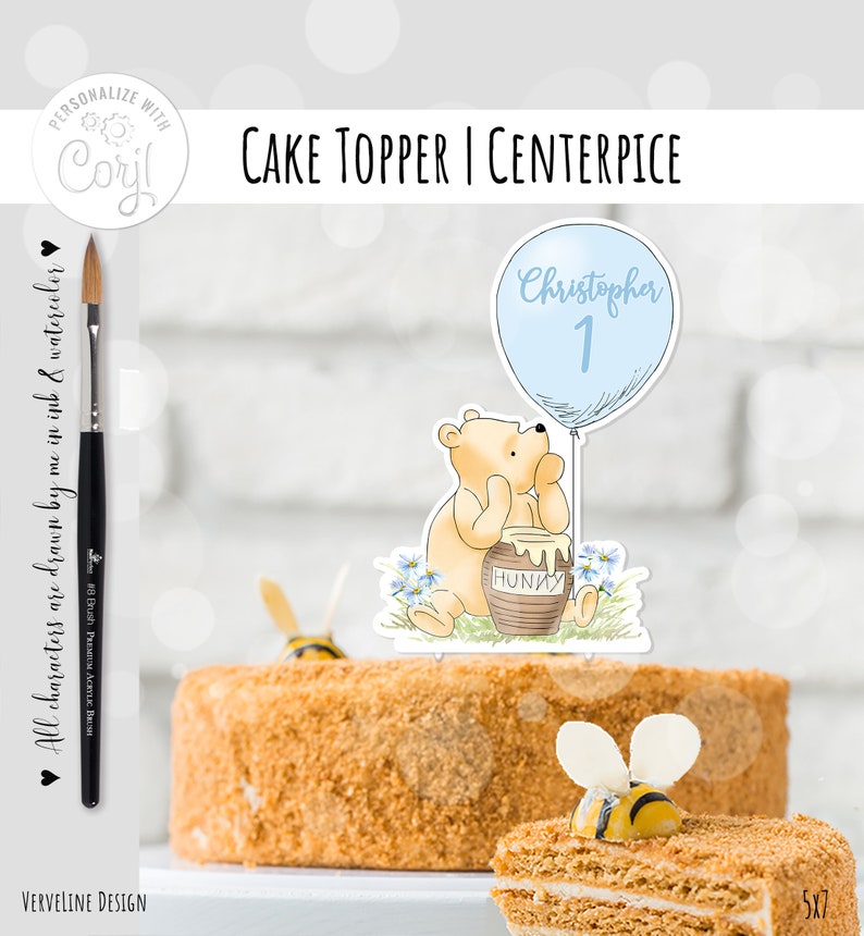 May include: A Winnie the Pooh themed cake topper featuring a cartoon Winnie the Pooh holding a jar of honey. A blue balloon with the text "Christopher 1" is attached to the balloon. The topper is on a cake with a bee decoration.