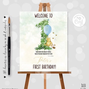 Placa de boas-vindas editável, clássico, Winnie the Pooh, 1º aniversário, festa de menino, primeiro aniversário, design de céu vintage, modelo digital, Corjl 0001VS