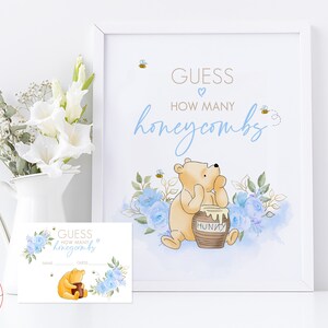Indovina quanti favi gioco da tavolo segno in un classico Winnie the Pooh Baby Shower 8x10" con carte Blue Flowers Design / 0001.10