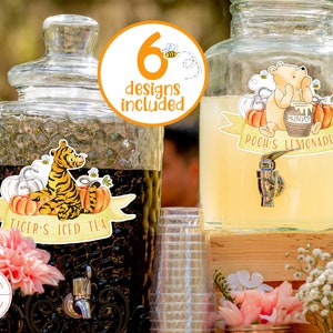 Set di 6 etichette per bevande modificabili per compleanno autunnale a tema Winnie the Pooh / festa di baby shower / etichette per bar Mimosa per caraffa di succo 0001.11