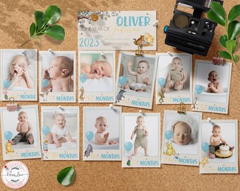 Editable PHOTO Banner for a Boy's First Birthday | 12 Monthly Pictures | Classic Winnie the Pooh Party My First Year Sweet Design 0001S BB2
