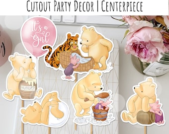Adornos para tartas / Centros de mesa con temática clásica de Winnie the Pooh para baby shower / Diseño dibujado a mano / Decoración digital de doble cara 0001