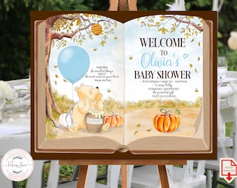 Panneau de bienvenue modifiable Classique Winnie l'ourson Baby Shower | Anniversaire garçon, livre ouvert, automne, bois, cent acres, ballon bleu, automne, 0001.11