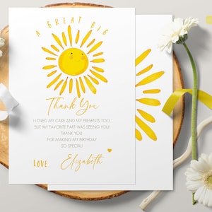 Cartão de agradecimento editável para uma viagem ao redor do sol Festa de aniversário Sunshine Menino ou menina de qualquer idade | Cartão de agradecimento para chá de bebê 0031