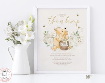Message from the Bump Table Sign in a Classic Winnie the Pooh style | Neutral Baby Shower Party, 8x10" White Flowers Design | 0001.18