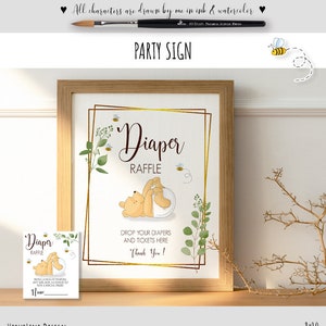 Enseigne pour tirage de couches avec affiche de baby shower Winnie l'ourson #39 classique avec cartes pour table avec branches d'eucalyptus 0001 EB2