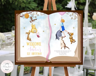 Letrero de bienvenida editable Clásico Winnie the Pooh y sus amigos Cumpleañera CUALQUIER EDAD Bosque de los Cien Acres Libro abierto Diseño rosa Digital 0001.14