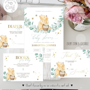 Set di pacchetti per baby shower Winnie the Pooh classico modificabile n. 14 Invito Biglietto di ringraziamento Richiesta di libro di lotteria per pannolini Eucalyptus Gold 0001 EB1