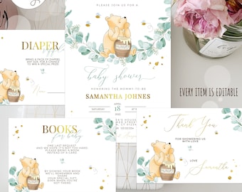 Editable Classic Winnie the Pooh  Baby Shower Bundle Set#14 Invitation Thank You Card Diaper Raffle Book Request Eucalyptus Gold 0001 EB1