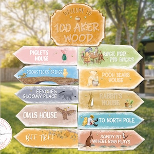 Set of 10 Direction Arrow Signs + Welcome to 100 Aker Wood | Classic Winnie the Pooh Cutout Decor for a Baby Shower or Birthday Party | 0001