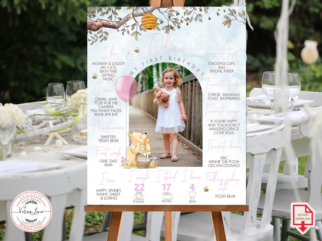 Editable Milestone Board Classic Winnie the Pooh 1st Birthday Girl ...