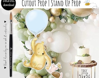 Cutout Decor Baby Shower Birthday Party Classic Vintage Winnie and Piglet with a Lightblue Balloon Cutout Prop DIGITALDOWNLOAD 0001