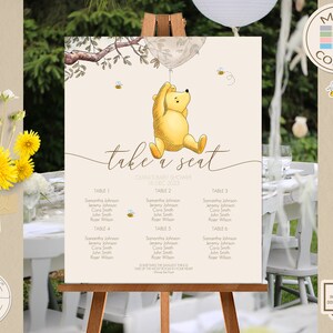 Bewerkbaar bord met zitplaatsen voor een klassieke babyshower of verjaardagsfeestje jongen meisje met Winnie de Pooh-thema | Lief ontwerp | DIGITALE DOWNLOAD 0001S