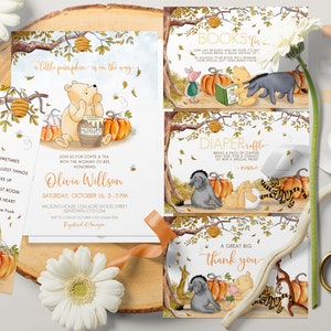 Bearbeitbares klassisches Winnie the Pooh Babyparty-Bundle-Set: Einladung, Dankeskarte, Windelverlosung, Buchanfrage, 2 Lesezeichen Herbst 0001.11
