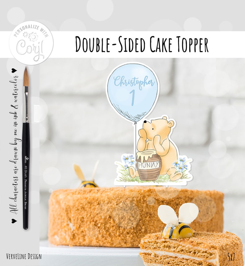 May include: Double-sided cake topper featuring a Winnie the Pooh character holding a honey pot with a blue balloon that says "Christopher 1".