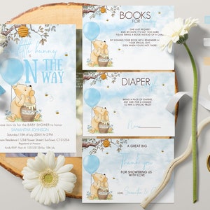 Set modificabile classico Winnie the Pooh Baby Shower Bundle #1: invito, biglietto di ringraziamento, richiesta di libro di lotteria dei pannolini, palloncino blu 0001.7