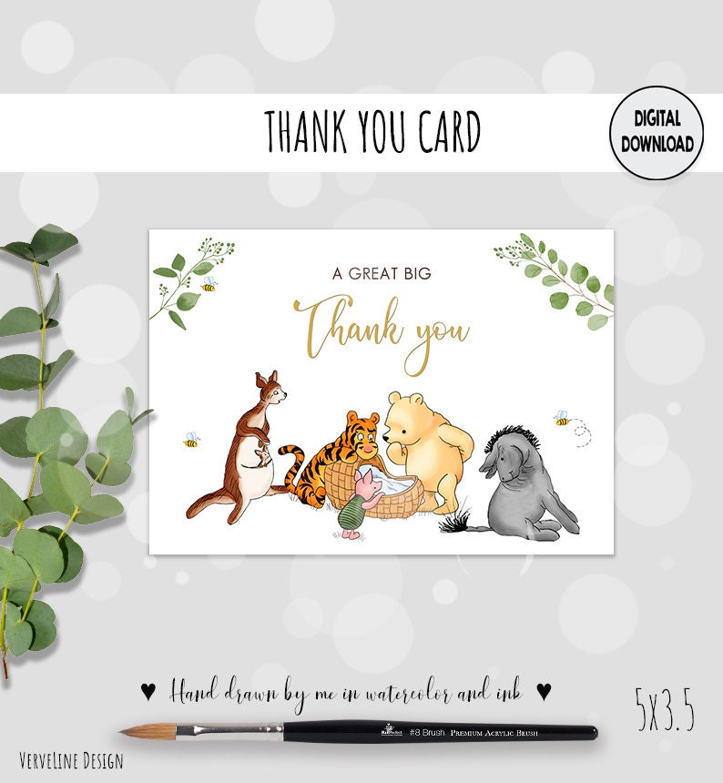 Thank You Card Winnie the Pooh Baby Shower Birthday Party Etsy