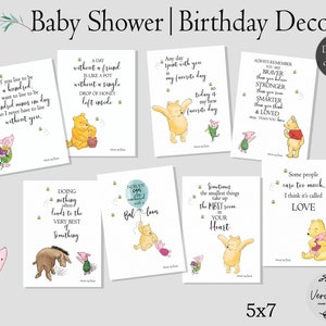 May include: Set of ten printable Winnie the Pooh themed cards with inspirational quotes. The cards are white with black text and feature illustrations of Winnie the Pooh and his friends. The cards are 5x7 inches.