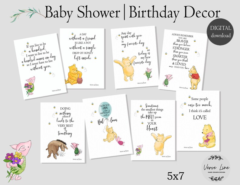 May include: Set of ten printable Winnie the Pooh themed cards with inspirational quotes. The cards are white with black text and feature illustrations of Winnie the Pooh and his friends. The cards are 5x7 inches.
