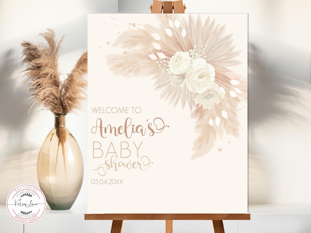 Editable Welcome Sign Pampas Grass Bohemian Baby Shower Boho Floral ...
