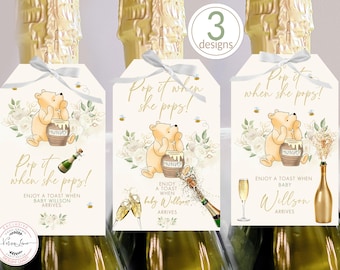 Pop It When She Pops Bottle Tags Winnie the Pooh Themed Baby Shower Editable Favor Bottle Champagne Tags 3 White Flowers designs 0001.18
