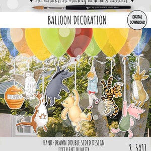 May include: A set of Winnie the Pooh character balloon decorations. The characters include Winnie the Pooh, Piglet, Eeyore, Tigger, Owl, Rabbit, and a honey pot. The balloons are yellow, red, orange, and blue. The text "BALLOON DECORATION" is at the top of the image. The text "HAND-DRAWN DOUBLE SIDED DESIGN EXCELLENT QUALITY" is at the bottom of the image. The text "8.5X11" is in the bottom right corner of the image.