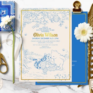 Baby Shower Invitation in a Classic Winnie the Pooh style | Navy Blue Gold Toile de Jouy Style Design | Editable Download Printable 0001J
