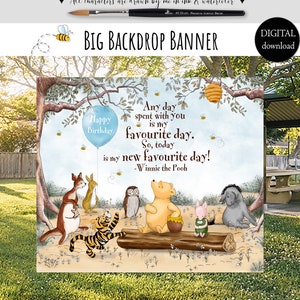 BIG Backdrop Banner for a Boy Winnie the Pooh Birthday Party| Hundred Acre Wood Blue balloon Design | Digital 0001 HAW