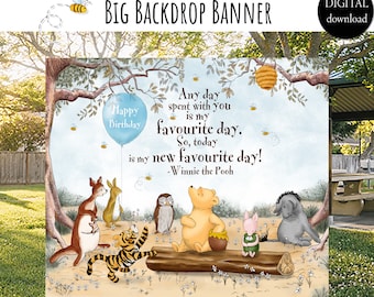 BIG Backdrop Banner for a Boy Winnie the Pooh Birthday Party| Hundred Acre Wood Blue balloon Design | Digital 0001 HAW